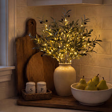 Load image into Gallery viewer, Light Up Faux Olive Branch with Soft Golden Glow Battery Powered for Vases and Shelves