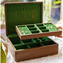 Load image into Gallery viewer, Solid Walnut Double Layer Jewelry Box with Green Suede Lining