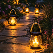 Load image into Gallery viewer, Solar Powered Lantern with Flame Effect Light and Hemp Rope Handle for Patios and Porches