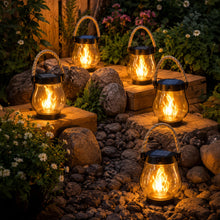 Load image into Gallery viewer, Solar Powered Lantern with Flame Effect Light and Hemp Rope Handle for Patios and Porches
