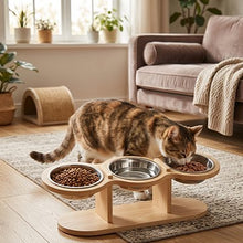 Load image into Gallery viewer, Elevated Cat Bowl, 15° Tilt Adjustable Bamboo Stand with Stainless Steel Bowls