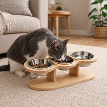 Load image into Gallery viewer, Elevated Cat Bowl, 15° Tilt Adjustable Bamboo Stand with Stainless Steel Bowls