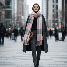 Load image into Gallery viewer, Cozy Pink and Gray Oversized Plaid Scarf