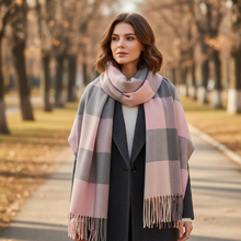Load image into Gallery viewer, Cozy Pink and Gray Oversized Plaid Scarf