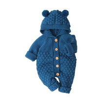 Load image into Gallery viewer, Cozy Knit Hooded Baby Romper with Adorable Bear Ears