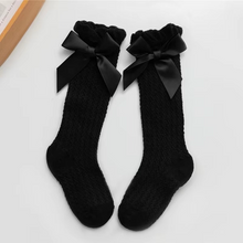 Load image into Gallery viewer, Girls Royal Bow Knee High Fishnet Socks for Toddlers and Kids