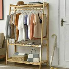 Load image into Gallery viewer, Bamboo Garment Rack Clothes Hanging Organizer with Top Shelf and 2-Tier Shoe Storage