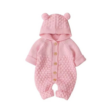 Load image into Gallery viewer, Cozy Knit Hooded Baby Romper with Adorable Bear Ears