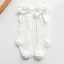 Load image into Gallery viewer, Girls Royal Bow Knee High Fishnet Socks for Toddlers and Kids
