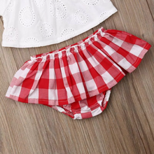 Load image into Gallery viewer, Baby Girl Summer Outfit Set with Off Shoulder Lace Top, Plaid Dress, and Matching Headband