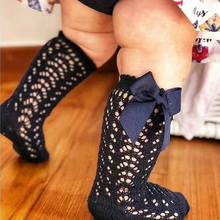 Load image into Gallery viewer, Girls Royal Bow Knee High Fishnet Socks for Toddlers and Kids