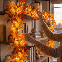 Load image into Gallery viewer, Six Foot Foliage Garland with Warm Golden Lights for Mantels Shelves and Doorways