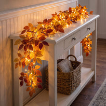 Load image into Gallery viewer, Six Foot Foliage Garland with Warm Golden Lights for Mantels Shelves and Doorways
