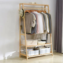 Load image into Gallery viewer, Bamboo Garment Rack Clothes Hanging Organizer with Top Shelf and 2-Tier Shoe Storage