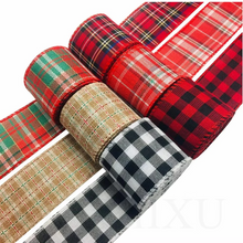 Load image into Gallery viewer, Christmas Plaid Linen Craft Ribbon, Red and Green Snowflake Design, 6.5 Yard Roll