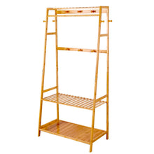 Load image into Gallery viewer, Bamboo Garment Rack Clothes Hanging Organizer with Top Shelf and 2-Tier Shoe Storage