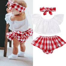 Load image into Gallery viewer, Baby Girl Summer Outfit Set with Off Shoulder Lace Top, Plaid Dress, and Matching Headband
