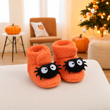 Load image into Gallery viewer, Ankle High Slippers with Pumpkin and Spider Design for Kids, Fleece Polyester Blend