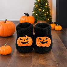 Load image into Gallery viewer, Ankle High Slippers with Pumpkin and Spider Design for Kids, Fleece Polyester Blend