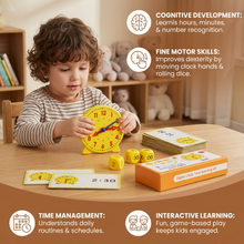 Load image into Gallery viewer, Interactive Learning Clock for Kids with Movable Hands, Time Cards, and Dice