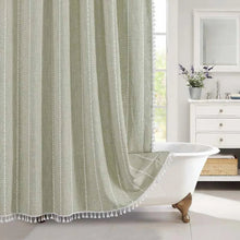 Load image into Gallery viewer, Boho Linen Texture Shower Curtain with Tassel Hem, Jacquard Weave and 12 Hooks in Nine Colors and Three Sizes