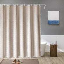 Load image into Gallery viewer, Boho Linen Texture Shower Curtain with Tassel Hem, Jacquard Weave and 12 Hooks in Nine Colors and Three Sizes