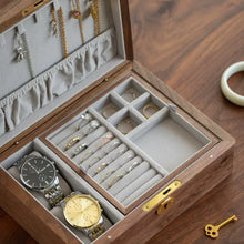 Load image into Gallery viewer, Solid Walnut Two-Tier Jewelry Box Organizer with Suede Lining