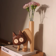Load image into Gallery viewer, Meow Wooden Flower Vase Natural Wood Cat Design
