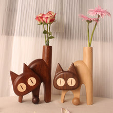 Load image into Gallery viewer, Meow Wooden Flower Vase Natural Wood Cat Design