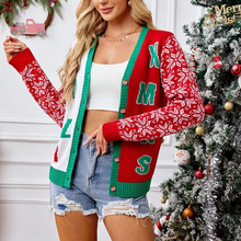 Load image into Gallery viewer, Women's Red Christmas Knit Cardigan with Embroidered Letters