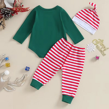 Load image into Gallery viewer, Cozy Baby Christmas Romper Set with Striped Pants and Matching Hat