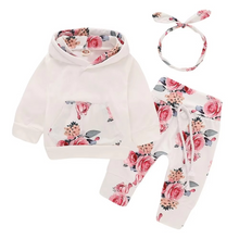 Load image into Gallery viewer, Baby Girl 3-Piece Floral Hoodie Set with Pants and Bow Headband