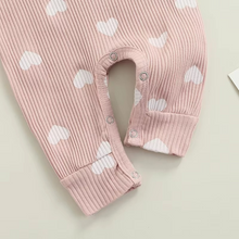 Load image into Gallery viewer, Baby Girl Valentine’s Day Ruffle Ribbed Romper with Headband