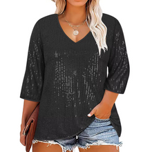 Load image into Gallery viewer, Plus Size Sequin V-Neck Long Sleeve Crop Top for Women - Loose Fit Autumn Winter Street Style