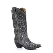 Load image into Gallery viewer, Sequined Retro Pointed Toe Embroidered Long Boots with Color-Block Thick Heel