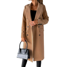 Load image into Gallery viewer, Womens Double-Breasted Slim-Fit Coat with Lapel Collar, Long Sleeves, Solid Color