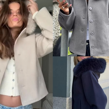 Load image into Gallery viewer, Elegant Wool Blend Hooded Women’s Coat with Detachable Fur Collar and Pockets