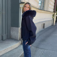 Load image into Gallery viewer, Elegant Wool Blend Hooded Women’s Coat with Detachable Fur Collar and Pockets