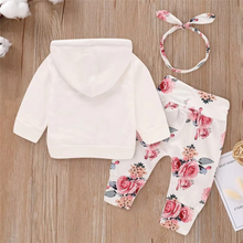 Load image into Gallery viewer, Baby Girl 3-Piece Floral Hoodie Set with Pants and Bow Headband