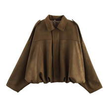 Load image into Gallery viewer, Women's Faux Suede Cropped Bomber Jacket with Batwing Sleeves
