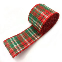 Load image into Gallery viewer, Christmas Plaid Linen Craft Ribbon, Red and Green Snowflake Design, 6.5 Yard Roll