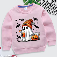 Load image into Gallery viewer, Cozy Halloween Sweatshirt for Kids with Ghost Pumpkin and Bat Design