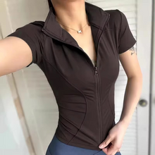 Load image into Gallery viewer, Women's Quick Dry Zipper Short Sleeve Sports Top with Stand Collar Slim Fit