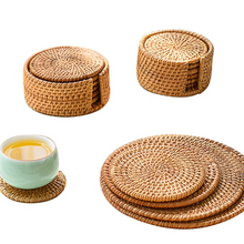 Load image into Gallery viewer, Natural Woven Rattan Coaster Set with Holder, 6 Piece Table Protection Set for Drinks and Decor