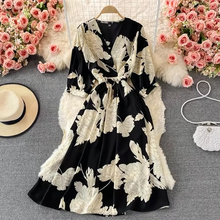 Load image into Gallery viewer, Chic Floral V-Neck Chiffon Summer Dress with Puff Sleeves – Mid Length Empire Waist
