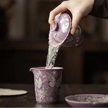 Load image into Gallery viewer, Purple Gilt Silver Butterfly Flower Porcelain Gaiwan Tea Bowl with Lid