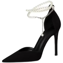 Load image into Gallery viewer, Elegant Black Stiletto Pumps with Pearl Anklet