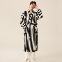 Load image into Gallery viewer, Winter Fleece Long Bathrobe with Modern Striped Design