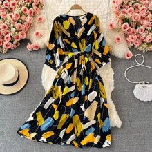 Load image into Gallery viewer, Chic Floral V-Neck Chiffon Summer Dress with Puff Sleeves – Mid Length Empire Waist