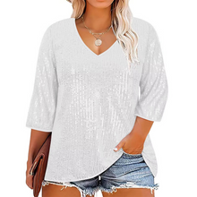 Load image into Gallery viewer, Plus Size Sequin V-Neck Long Sleeve Crop Top for Women - Loose Fit Autumn Winter Street Style